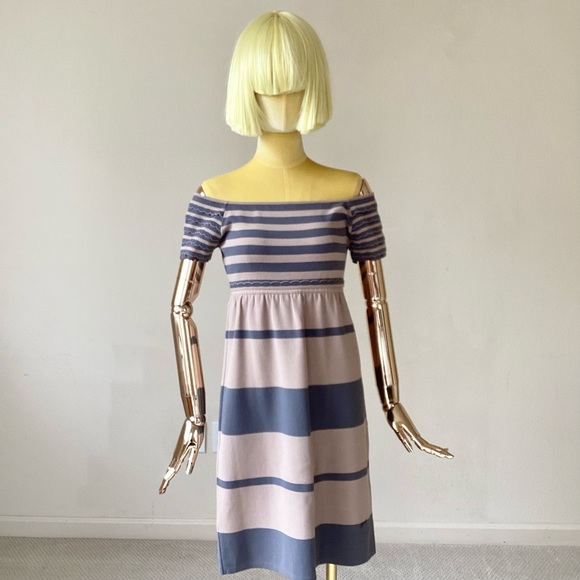 Fendi Shift Dress Gray Short Sleeve with Off-The-Shoulder Stripe Ruffle 4 - Picture 4 of 11